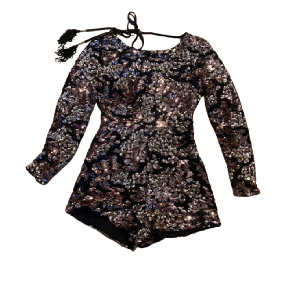 Wyldr Black, Gold & Bronze Sequin Long Sleeve Romper Shorts Jumper Clubwear